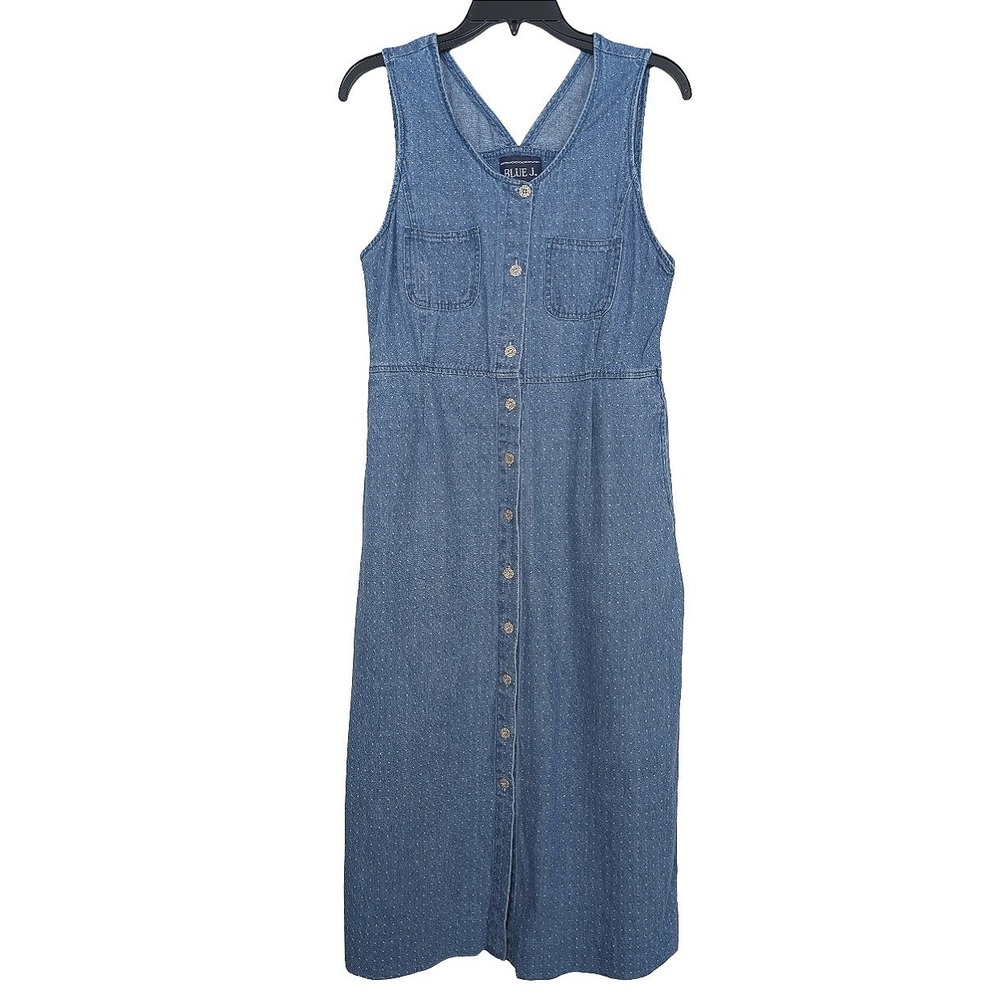 Blue J Petite Denim Dress Button Front Midi Chambray Sleeveless Cottagecore‎
